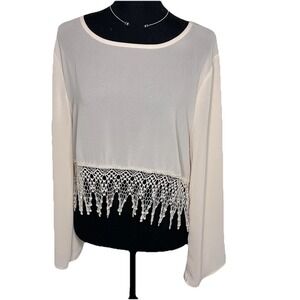Jella Couture Women's M Cream Cropped Blouse with Lace Hem Long Sleeve Sheer‎